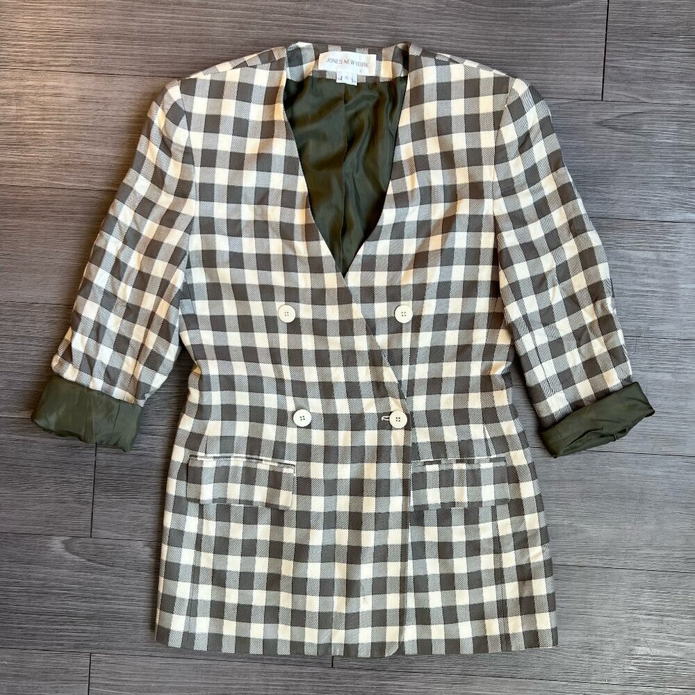 Vtg 80s Jones New York Olive & Cream Check Blazer Oversized Shoulder Pads Size 8